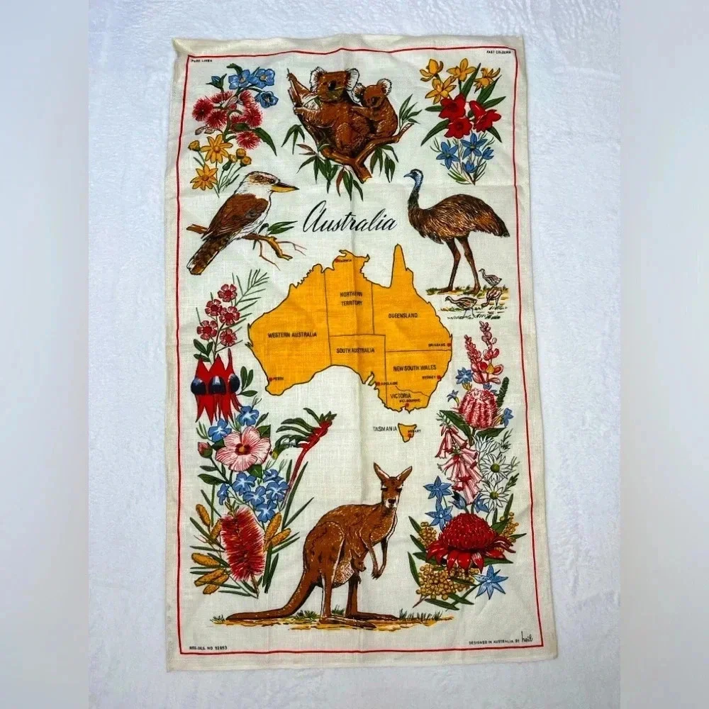 Vintage Map of Australia by HEIL Linen Tea Towel Wall Art Tapestry Linen Koala
